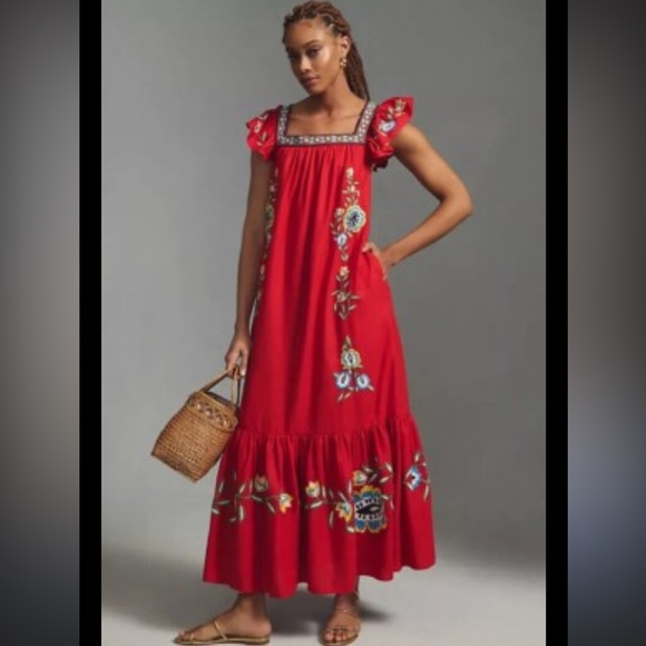 Farm Rio x Anthropologie Embroidered Square-Neck Linen Blend Dress Size Medium - Picture 1 of 9